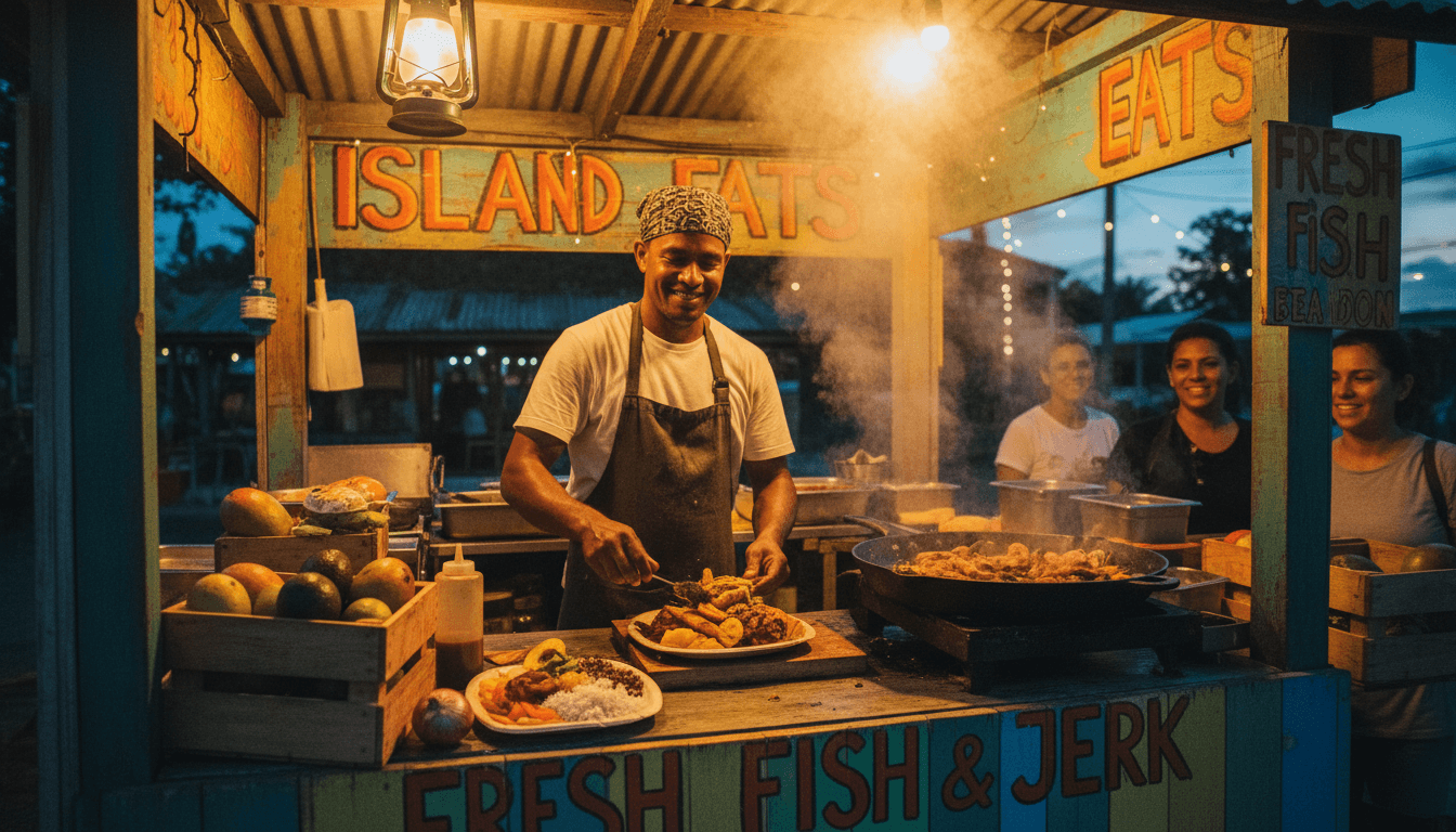 Caribbean chef plating a dish at a market stall