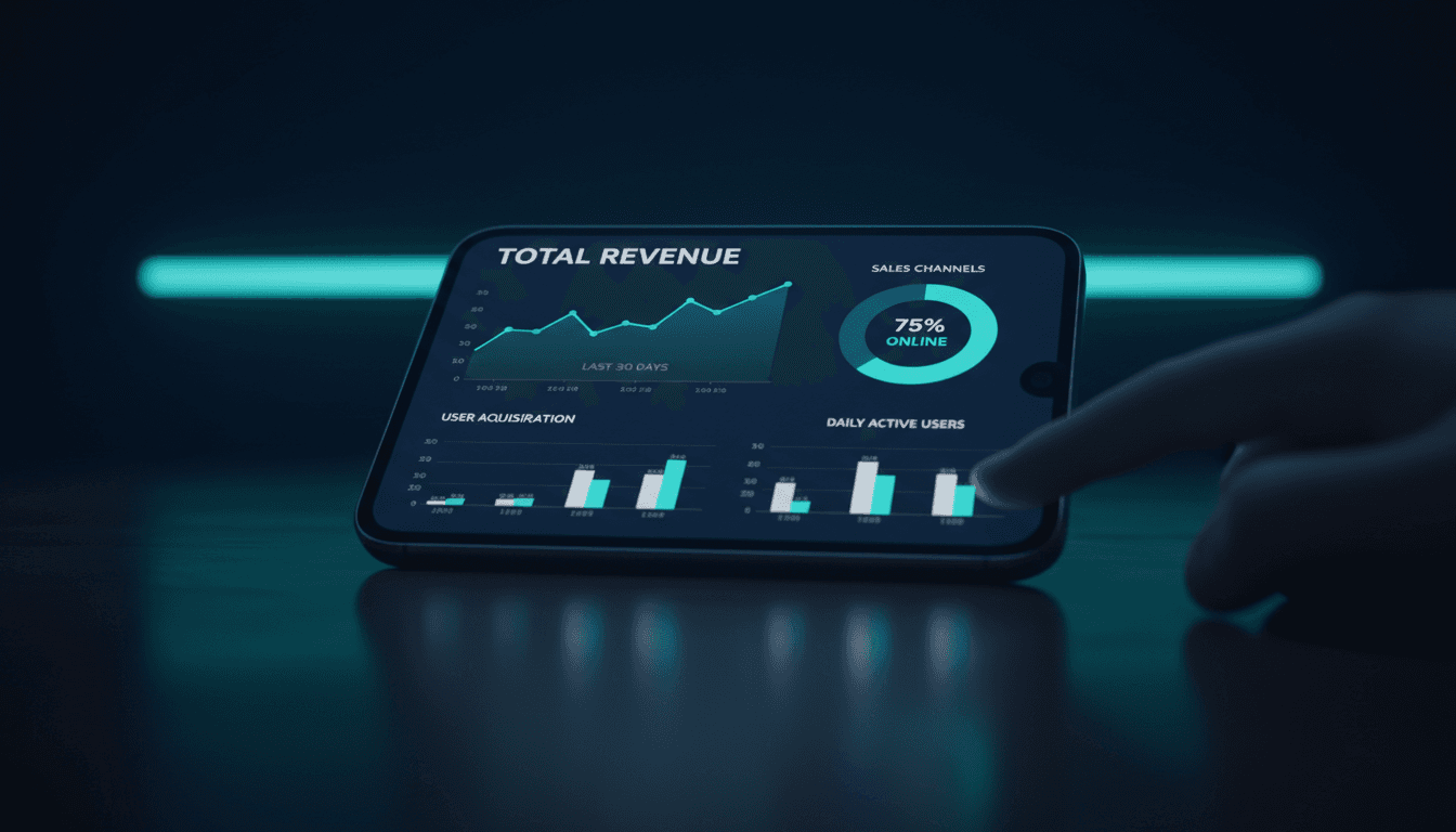 Smartphone displaying analytics dashboard in a dark, premium setting