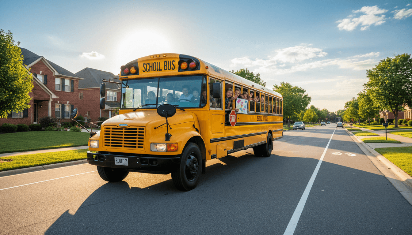 school bus driving on sunny suburban road with children visible in windows