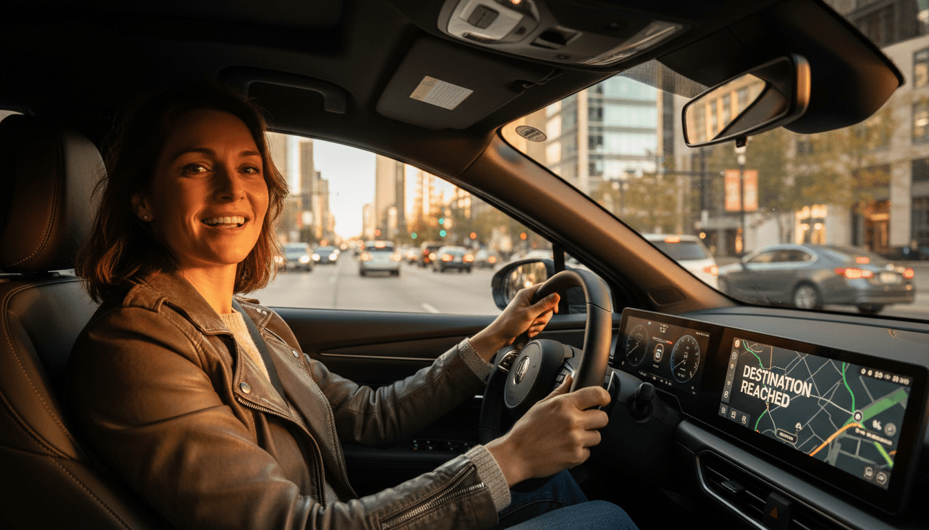 Driver smiling confidently while sitting in car driver's seat