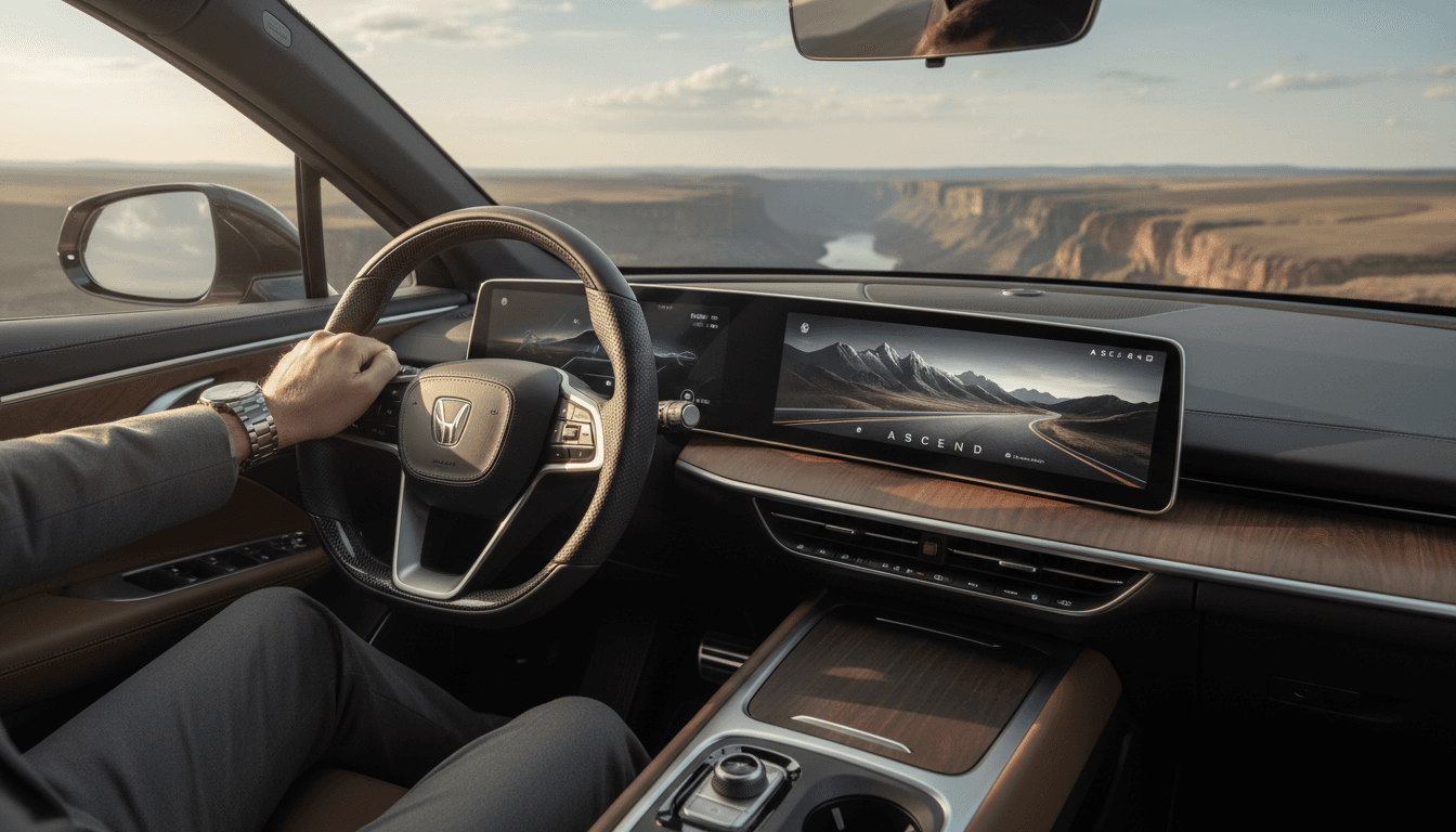 Hand on steering wheel at a scenic overlook