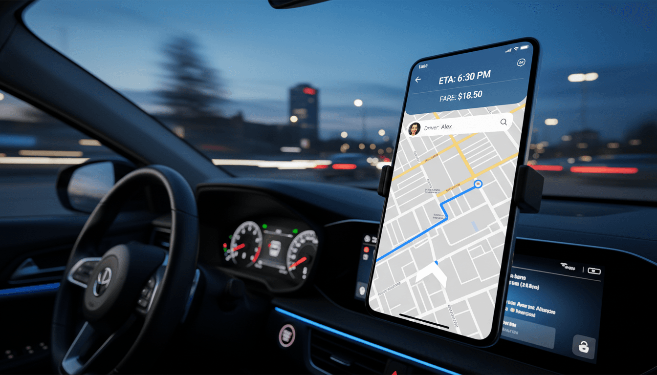 Smartphone with a ride-hailing map inside a modern car at dusk