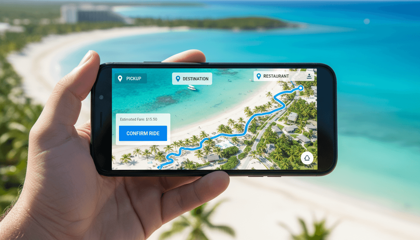 Smartphone showing ride booking app map with route