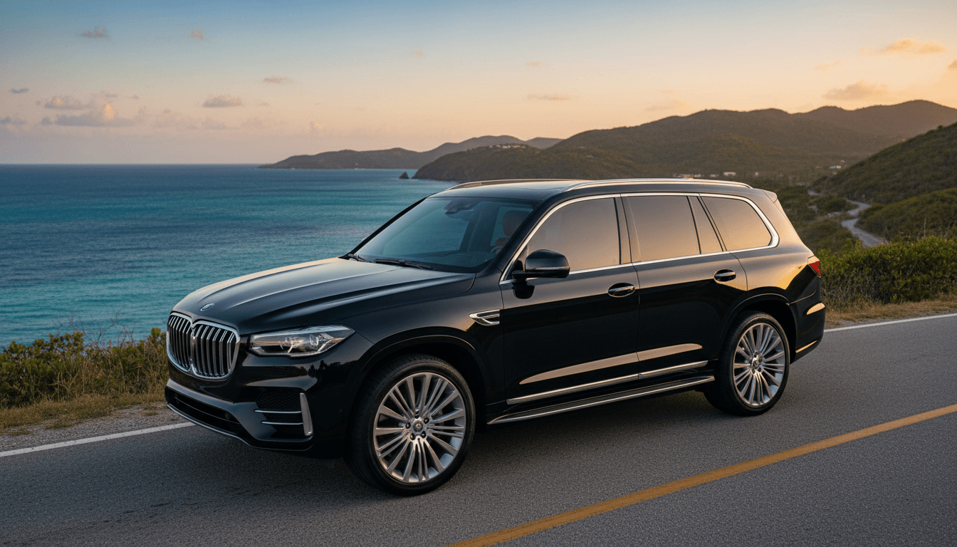 Premium black SUV on a coastal road at sunset