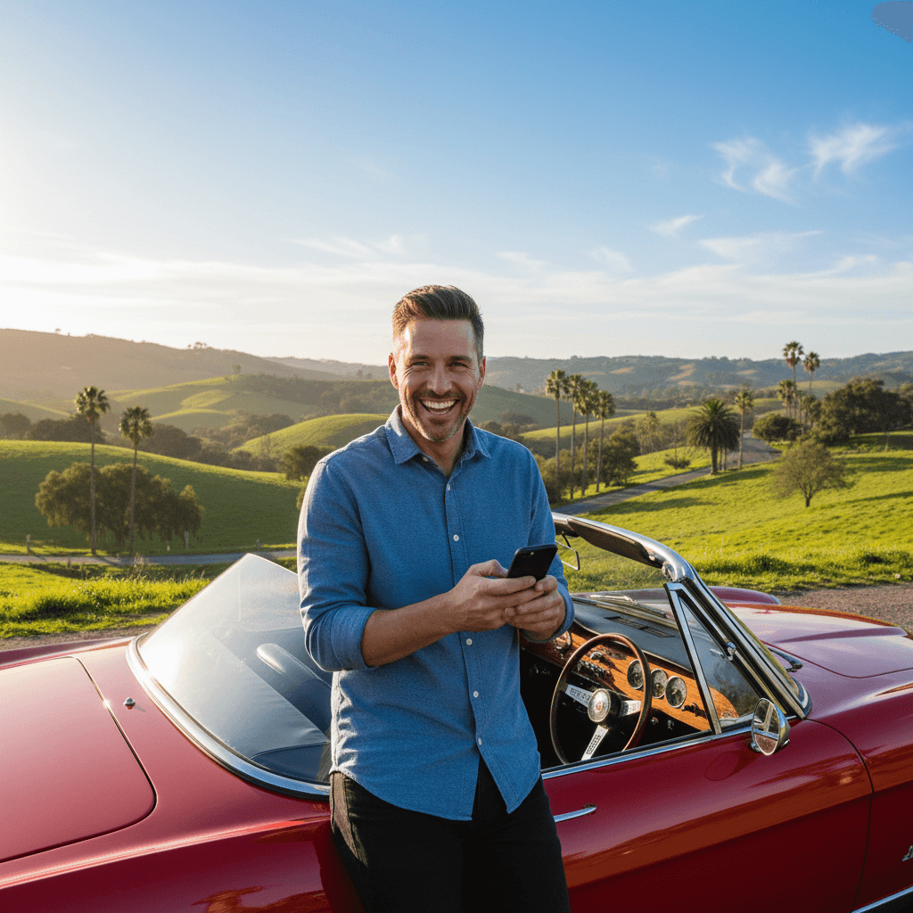 Driver photo submission with modern sedan in background