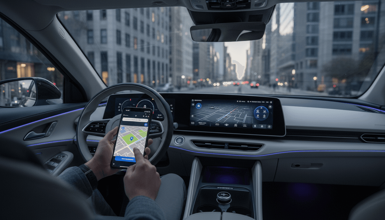 Passenger entering a destination on a smartphone mounted in a car dashboard