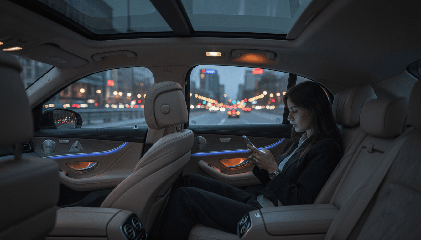 Passenger using a smartphone in a modern luxury car at dusk