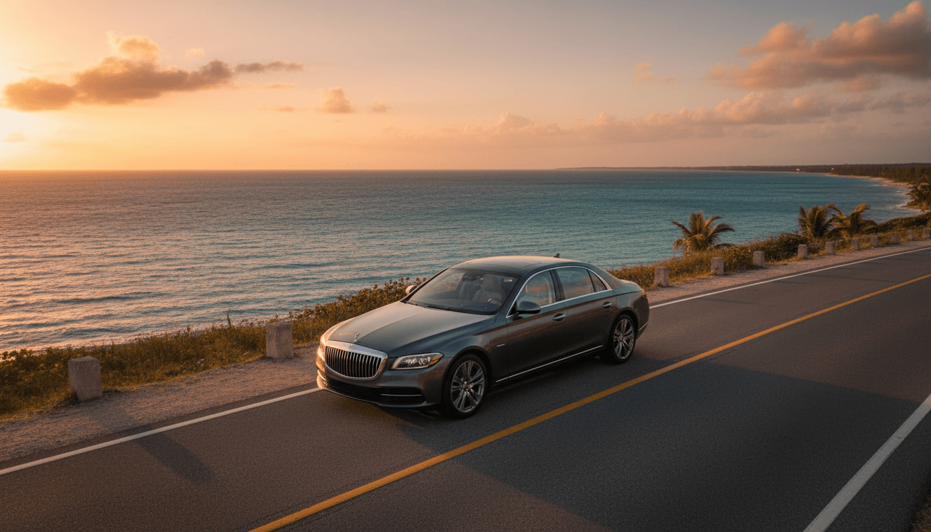 Premium sedan parked on a coastal road at golden hour in Trinidad