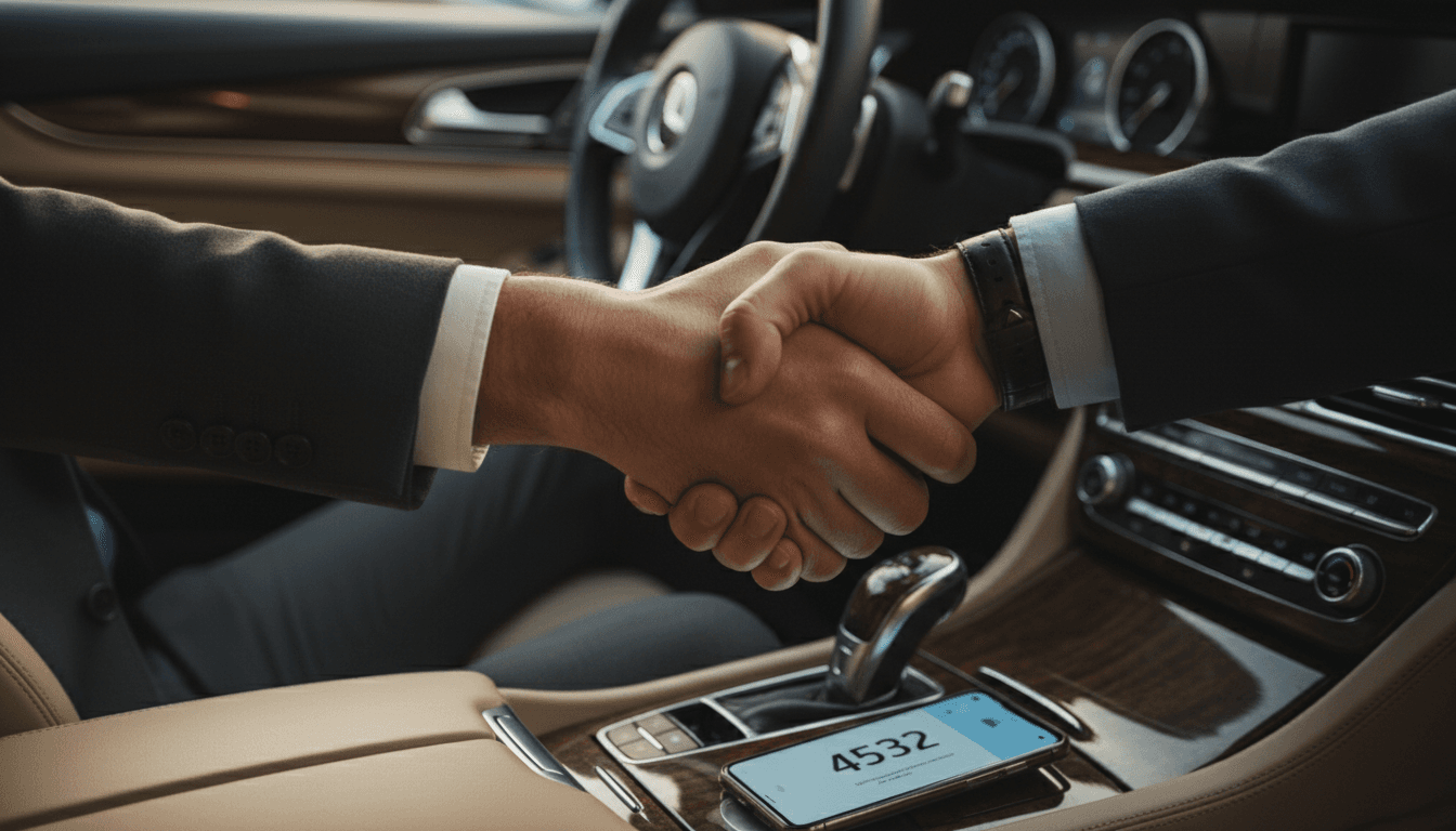 Driver and rider hands meeting for a secure pin verification inside a car