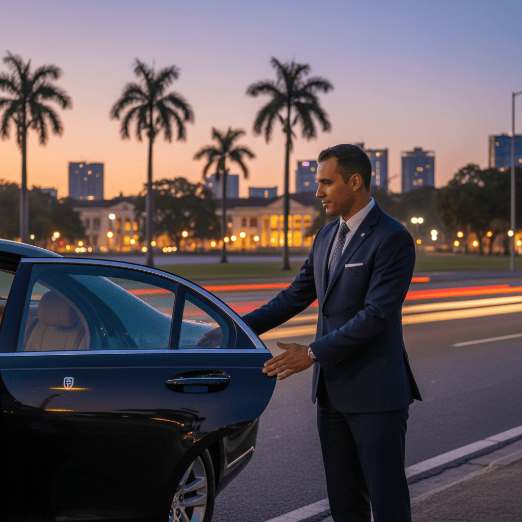 Driver holding door for passenger in premium sedan, evening lighting