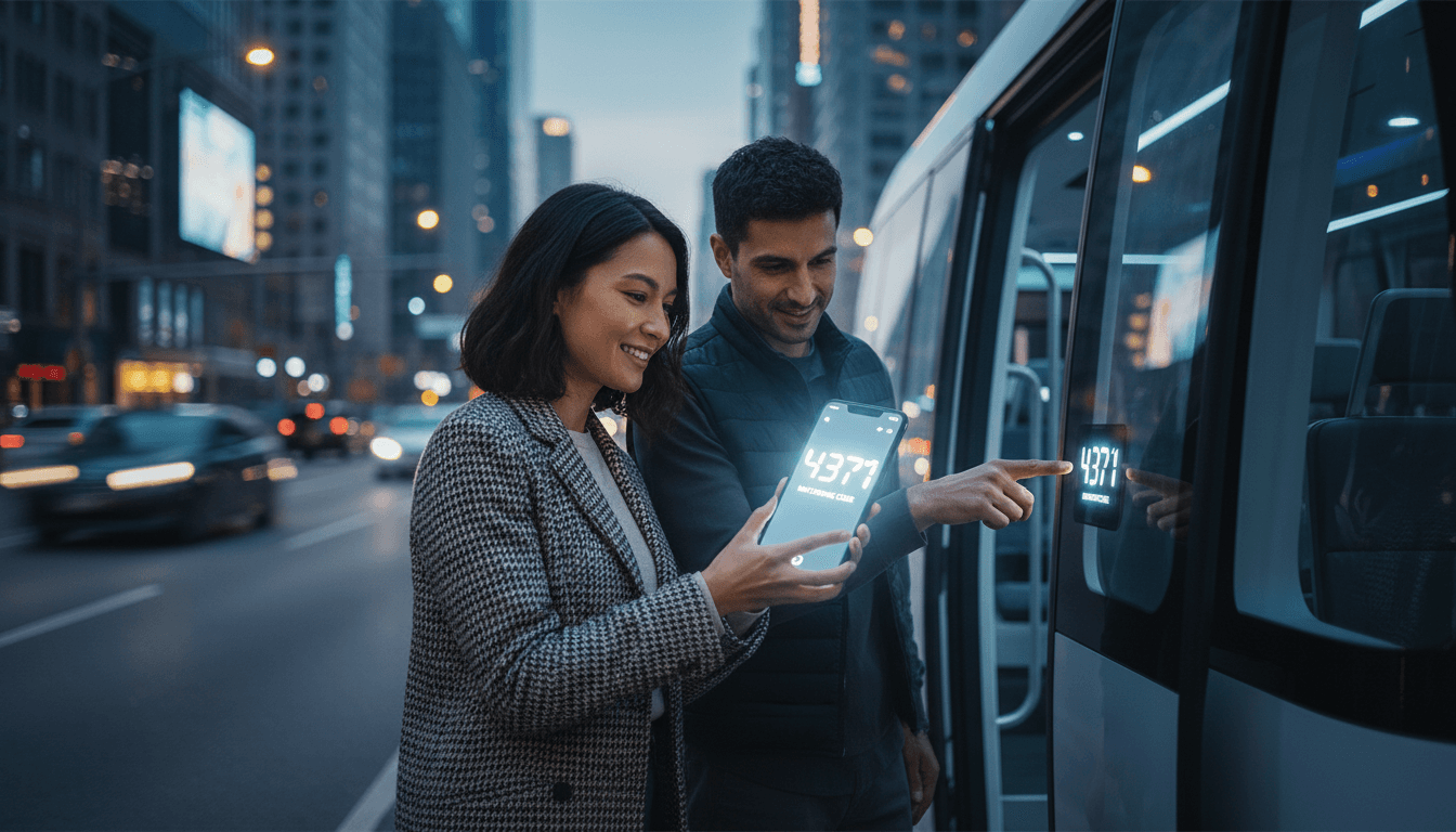two people looking at a smartphone screen showing a matching code before a ride
