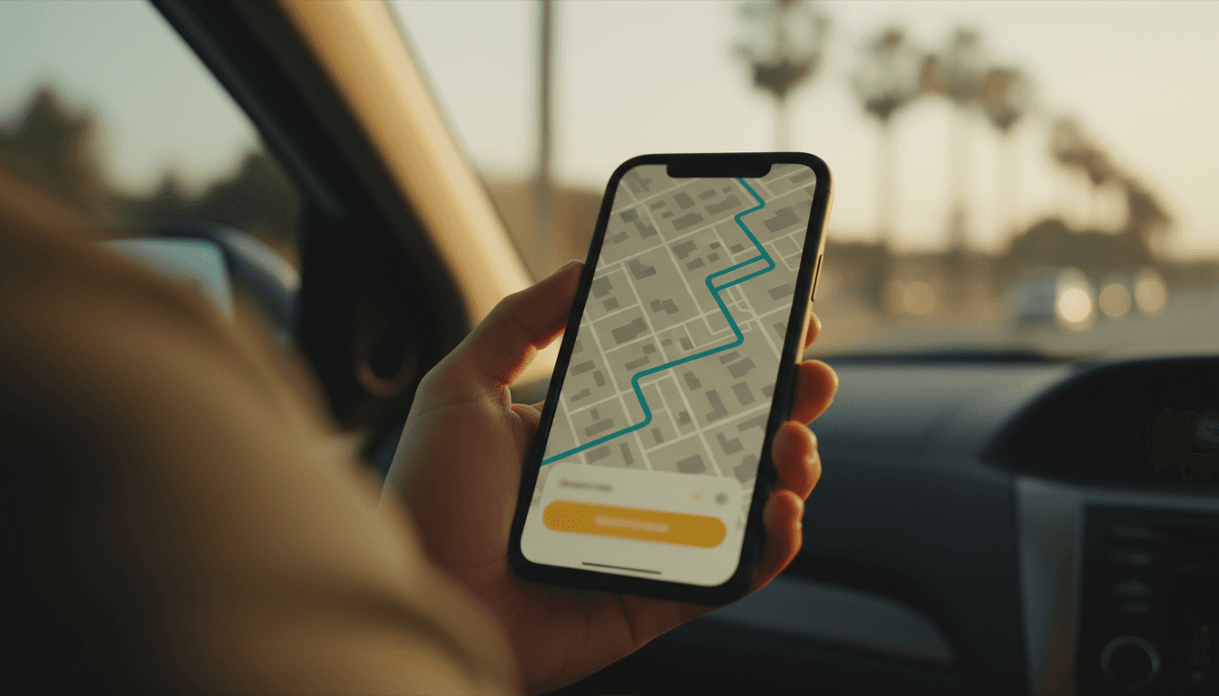Hand holding smartphone with ride map on screen