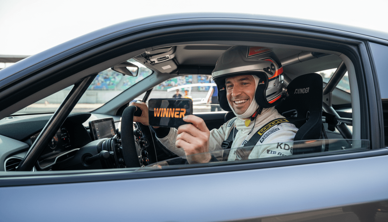 Professional driver smiling while holding smartphone in driver seat of car