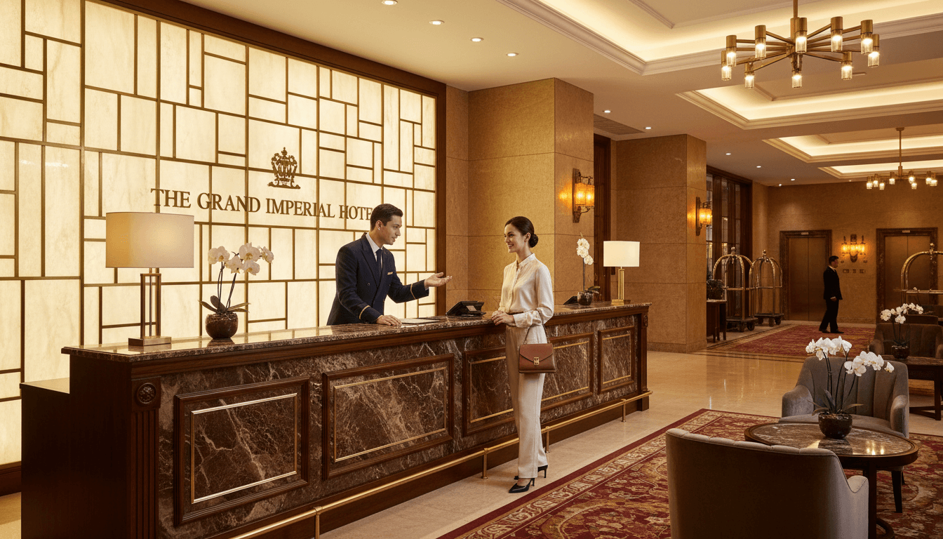 Hotel concierge speaking with a guest at a modern reception desk in a warm, luxurious lobby