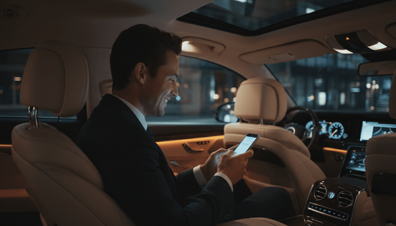 Passenger looking at phone in comfortable luxury car interior