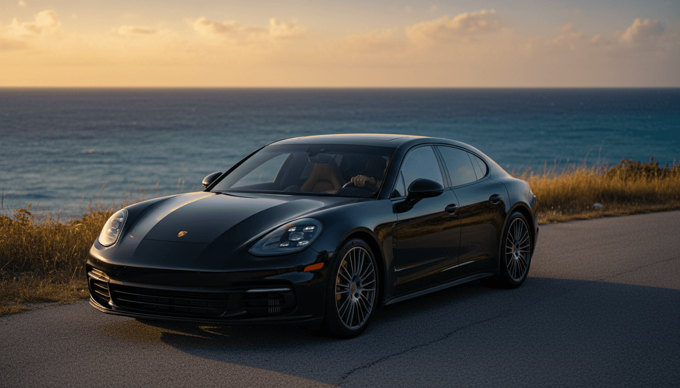 Luxury sedan on a coastal road at golden hour in Trinidad and Tobago