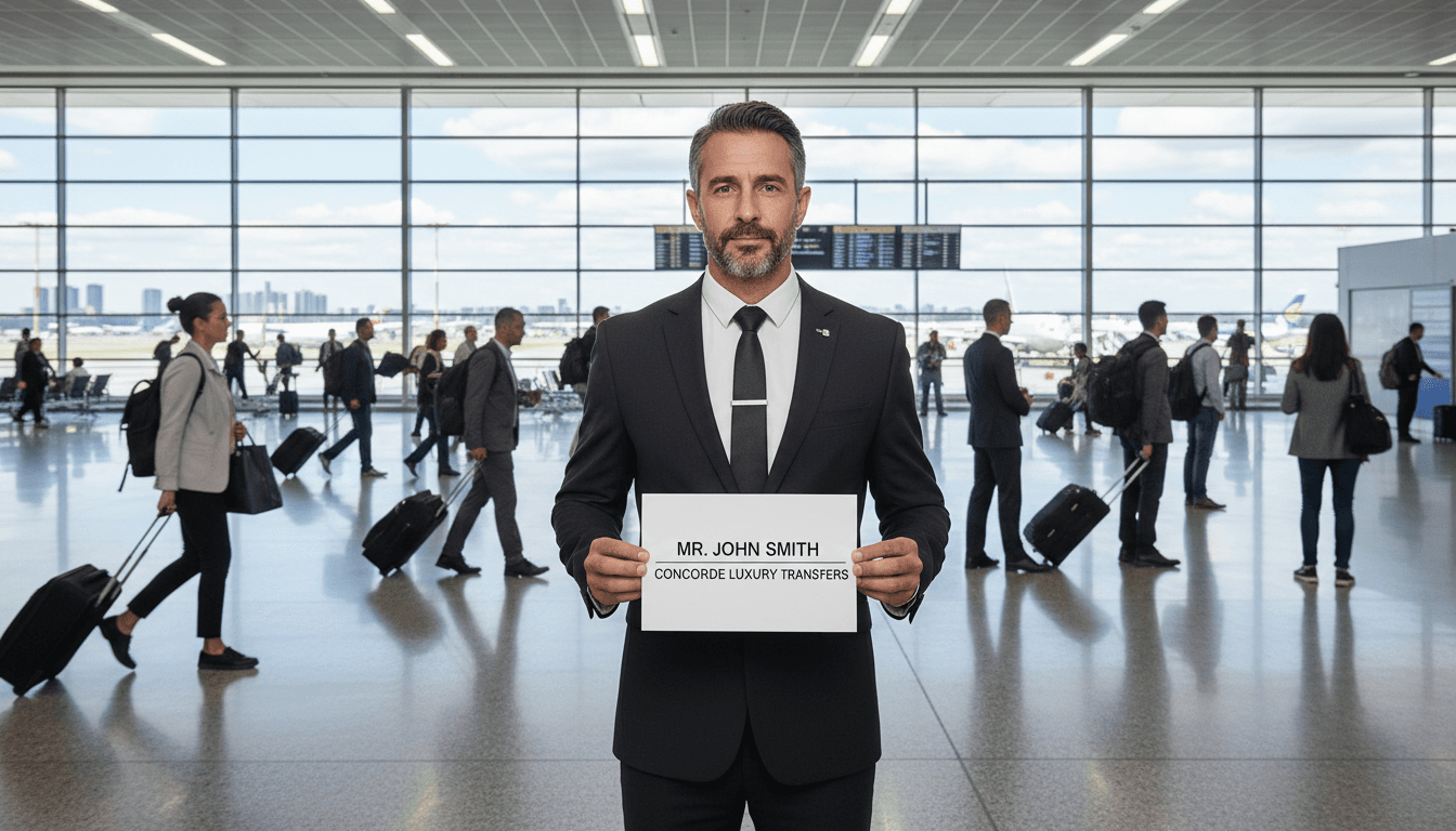 Professional driver holding name sign in airport arrivals hall waiting for passenger
