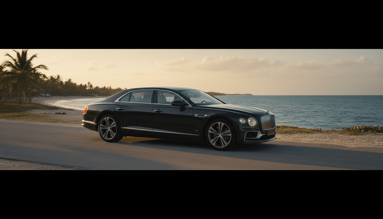 A dark luxury sedan parked on a coastal road at sunset, with ocean and palm silhouettes in the background