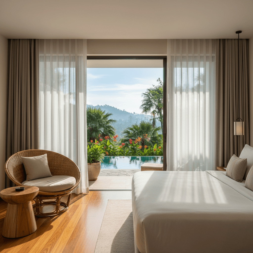 Bright hotel room with open curtains overlooking a tropical garden