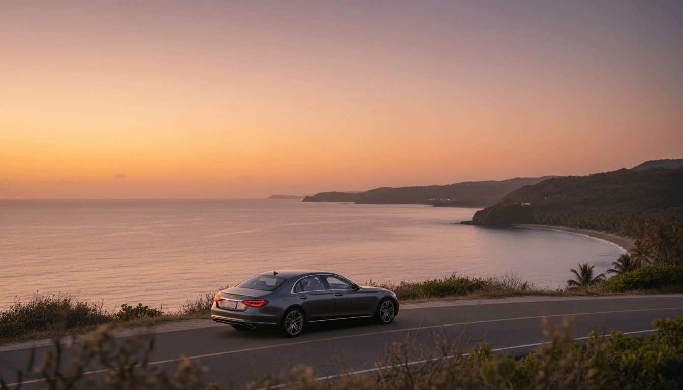 Luxury car parked on a coastal road in Trinidad at sunset, overlooking the Caribbean Sea