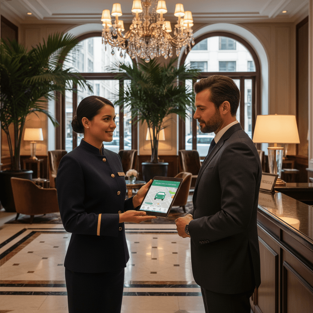 Hotel staff member booking a ride on a tablet at a concierge desk