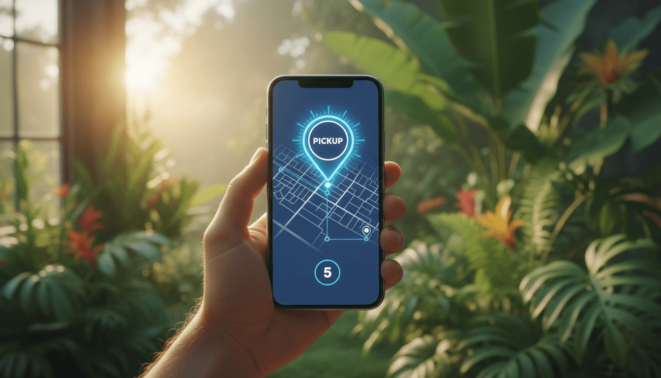 A hand holding a smartphone showing a route map with a pickup pin, set against a blurred tropical garden