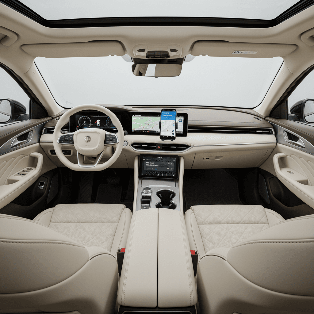 Modern sedan interior with leather seats, warm Caribbean light