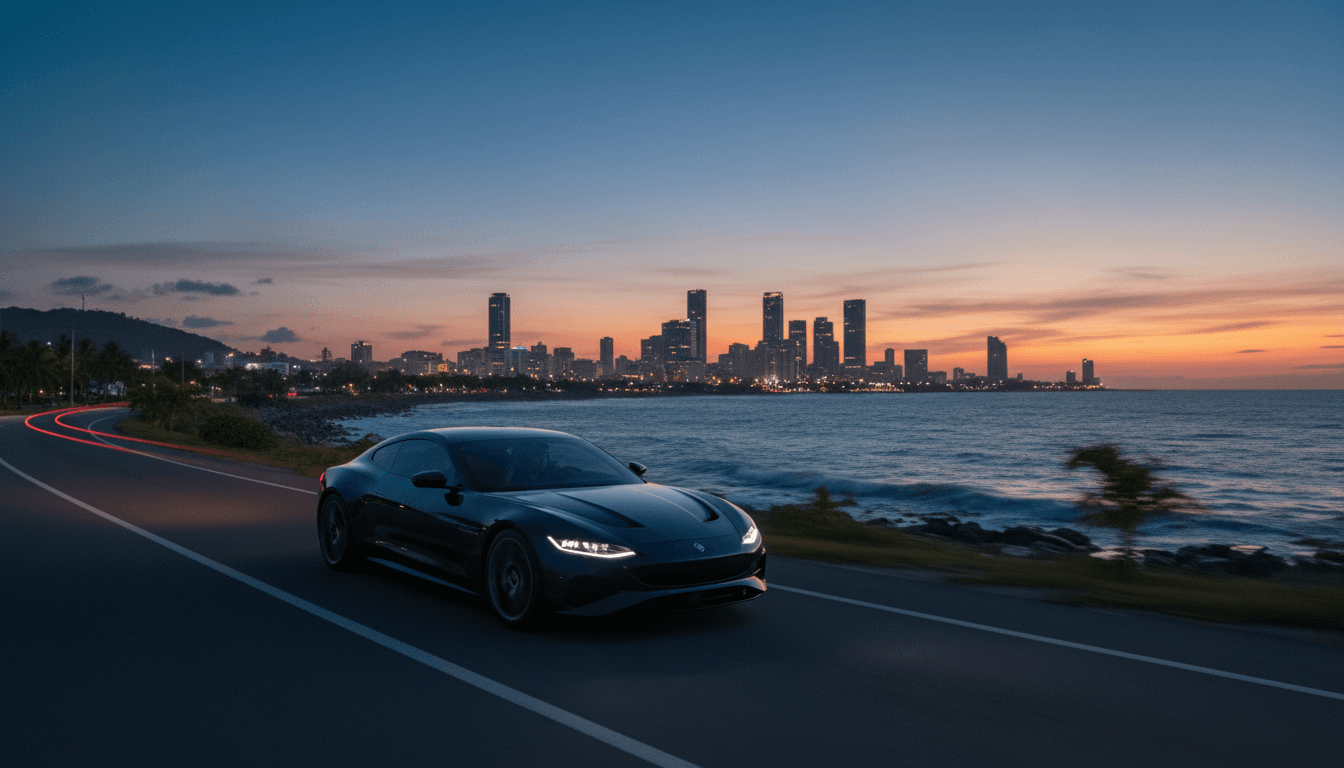 Luxury car driving along a coastal road at dusk toward a Caribbean city skyline