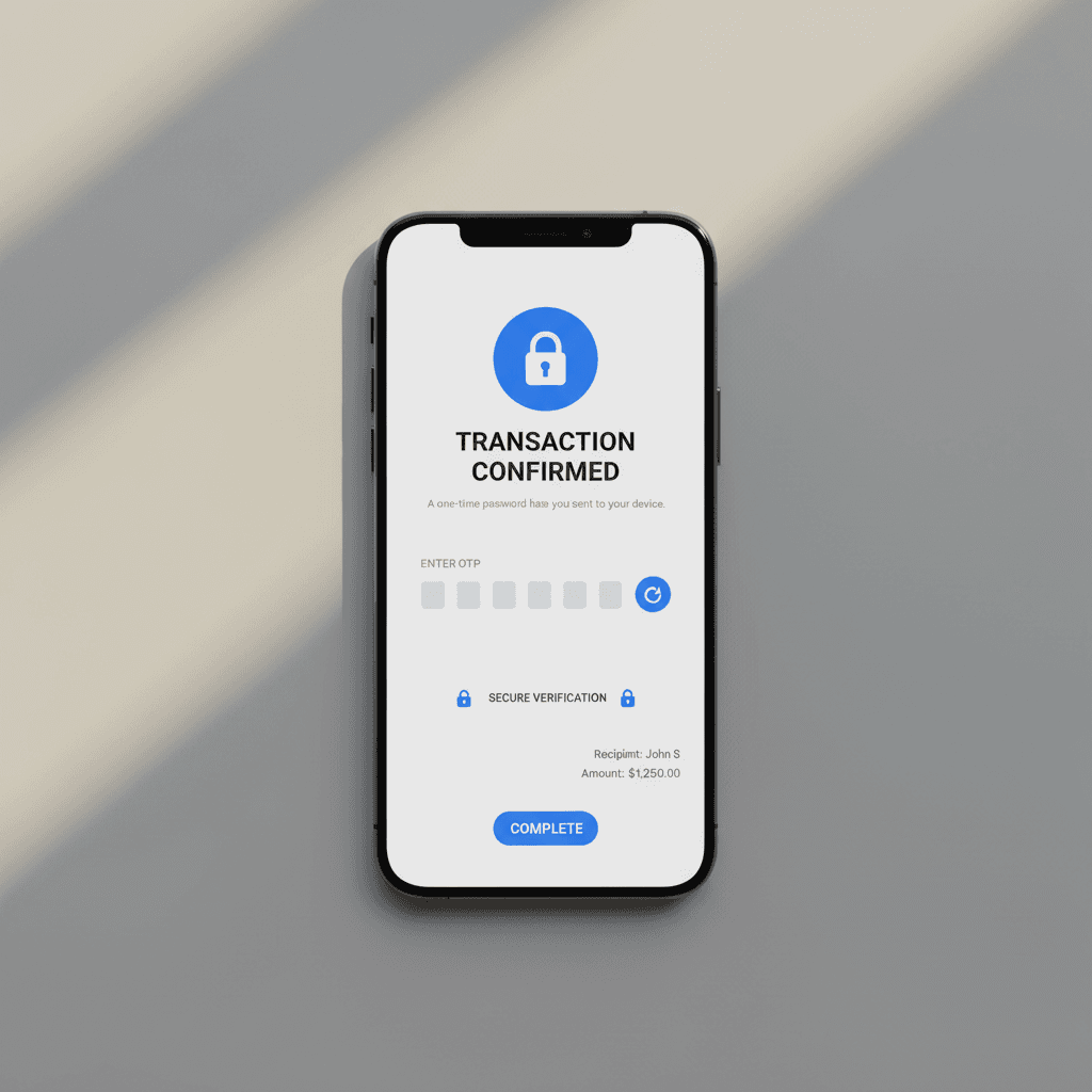 Smartphone screen showing multi-factor authentication OTP entry field with security icons and transaction confirmation details