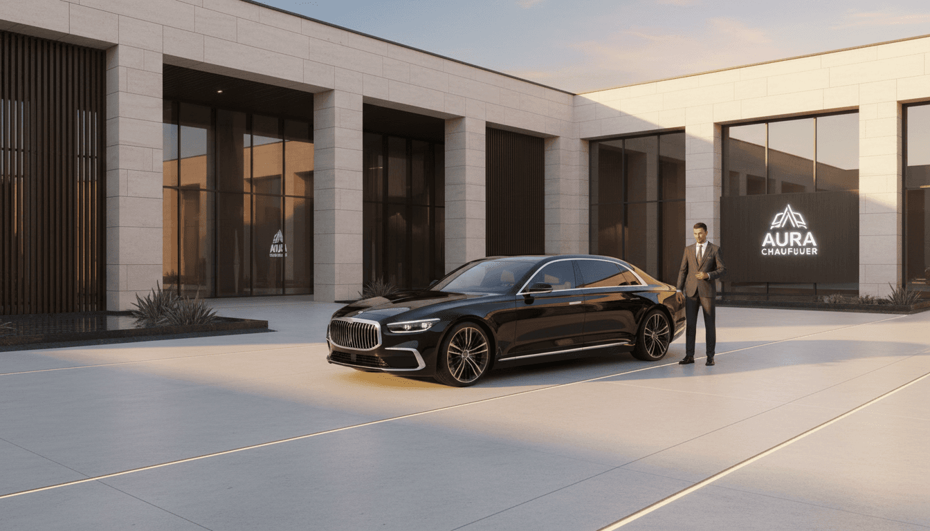 Person getting into modern luxury car with driver holding door