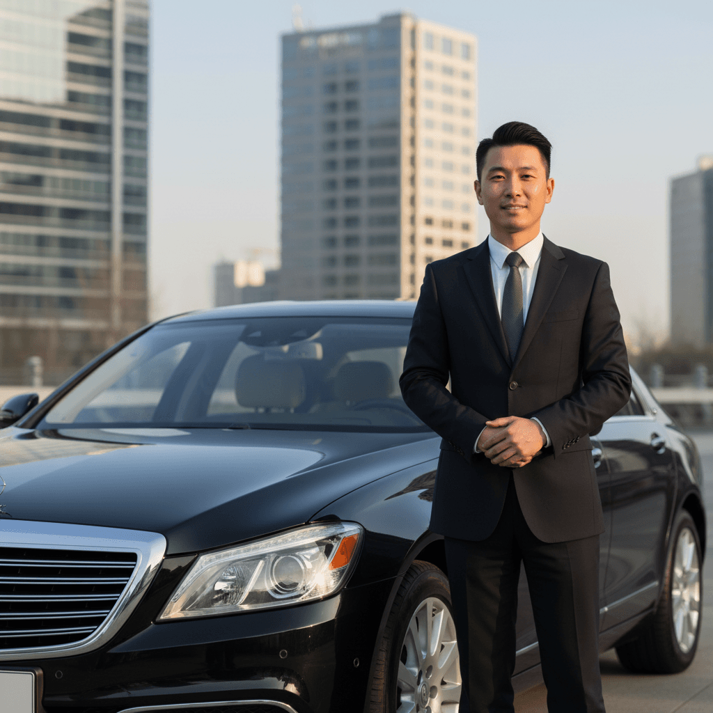 Professional driver in suit standing next to luxury car in tropical setting