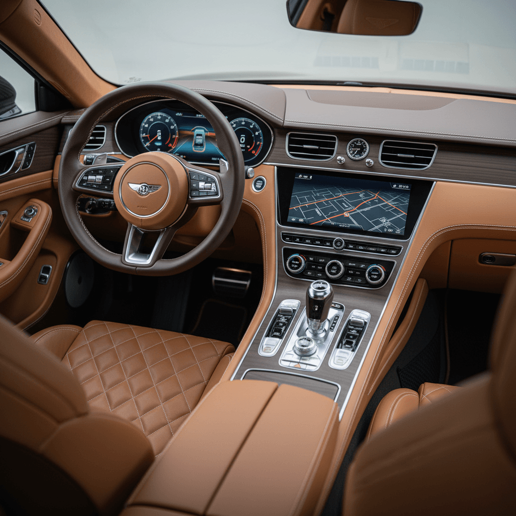 Modern car interior with premium leather seats and ambient lighting