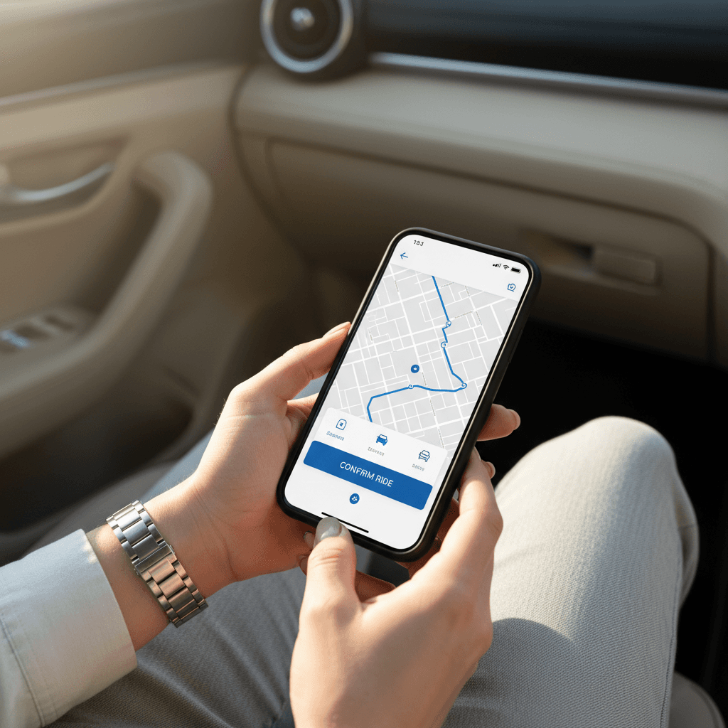 Smartphone showing ride booking app with map