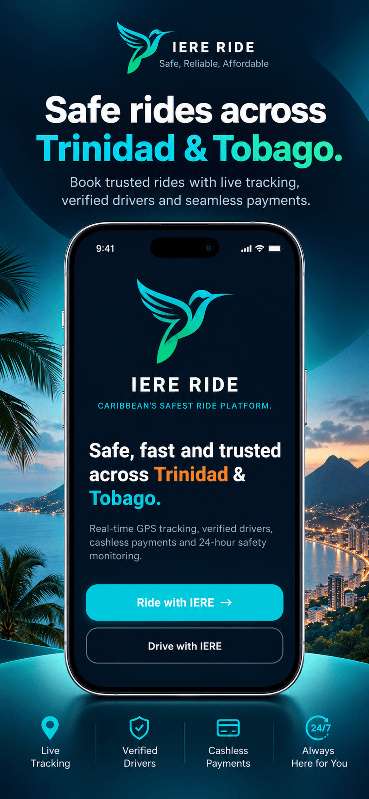 Smartphone showing IERE RIDE app with hummingbird logo over a tropical coastal sunset background.
