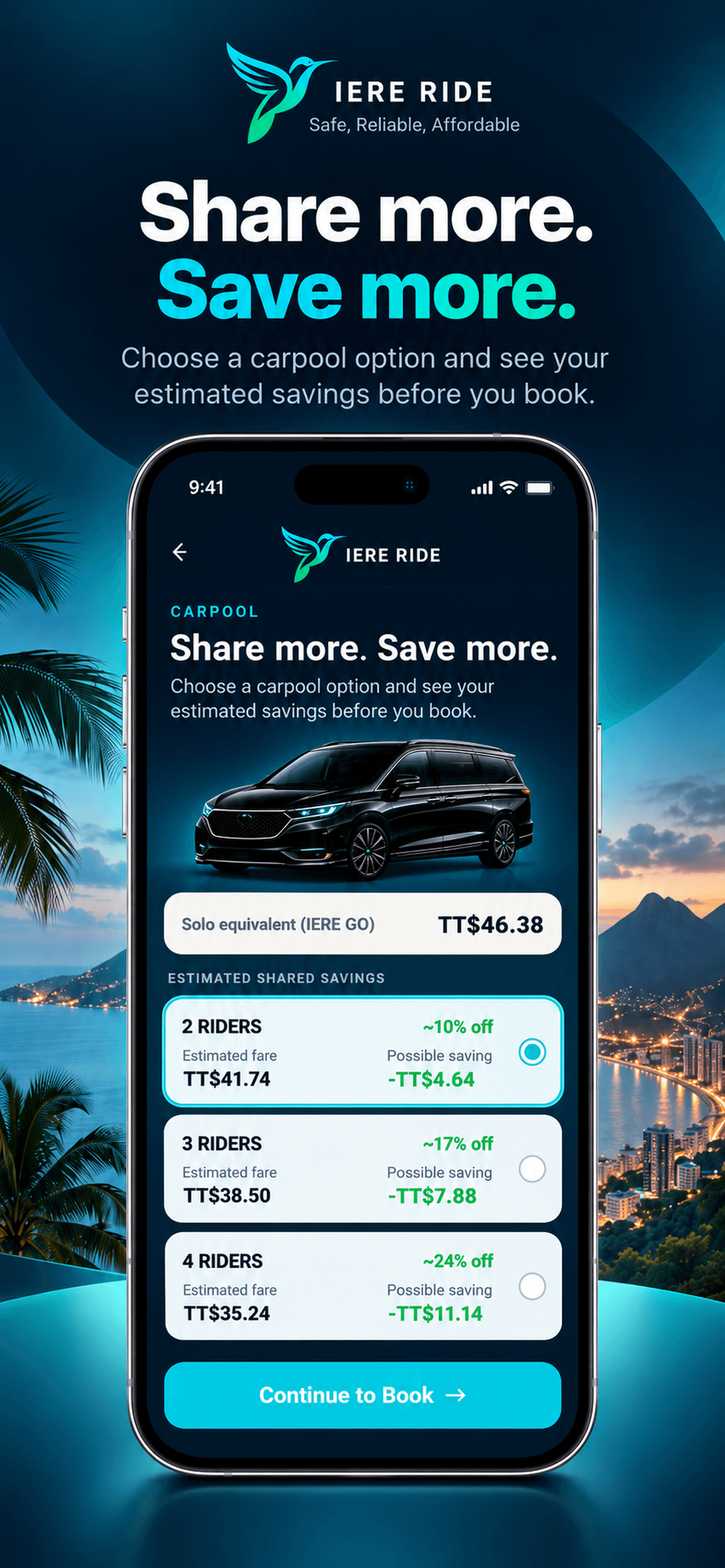 Smartphone mostrando opciones de transporte compartido de IERE RIDE y estimaciones de ahorro sobre un fondo tropical.