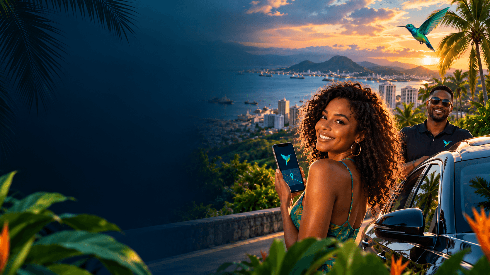 Smiling woman holds a smartphone with a hummingbird app overlooking a coastal city at sunset.