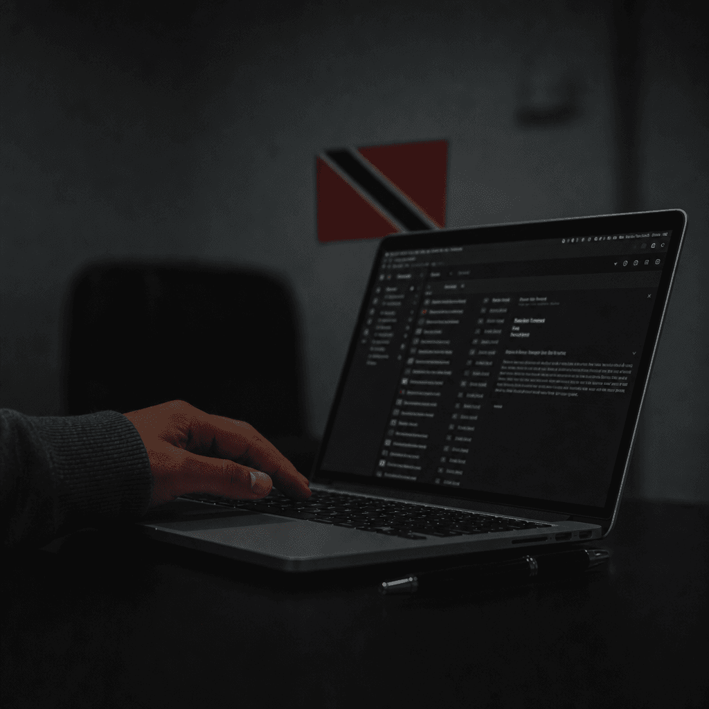 Hand using a laptop in a dark room with a Trinidad and Tobago flag.