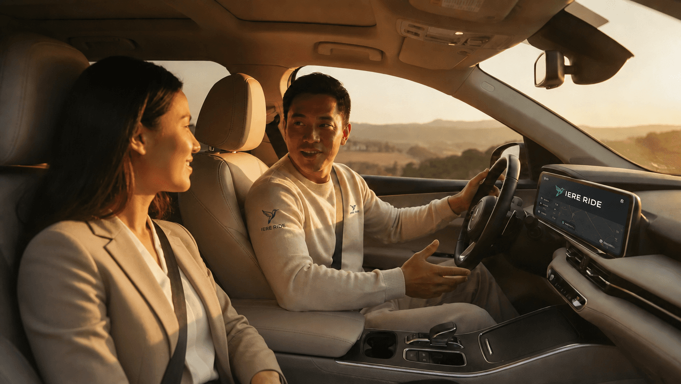Man and woman conversing inside a car during sunset with IERE RIDE branding visible.