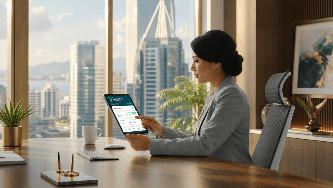 Professional woman in a grey suit using a tablet at a desk overlooking city skyscrapers.