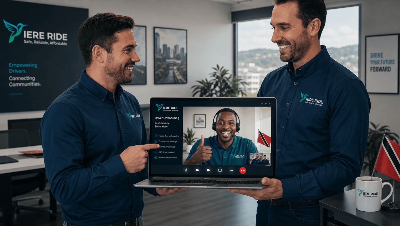 Two men in branded shirts hold a laptop showing a driver onboarding video call.