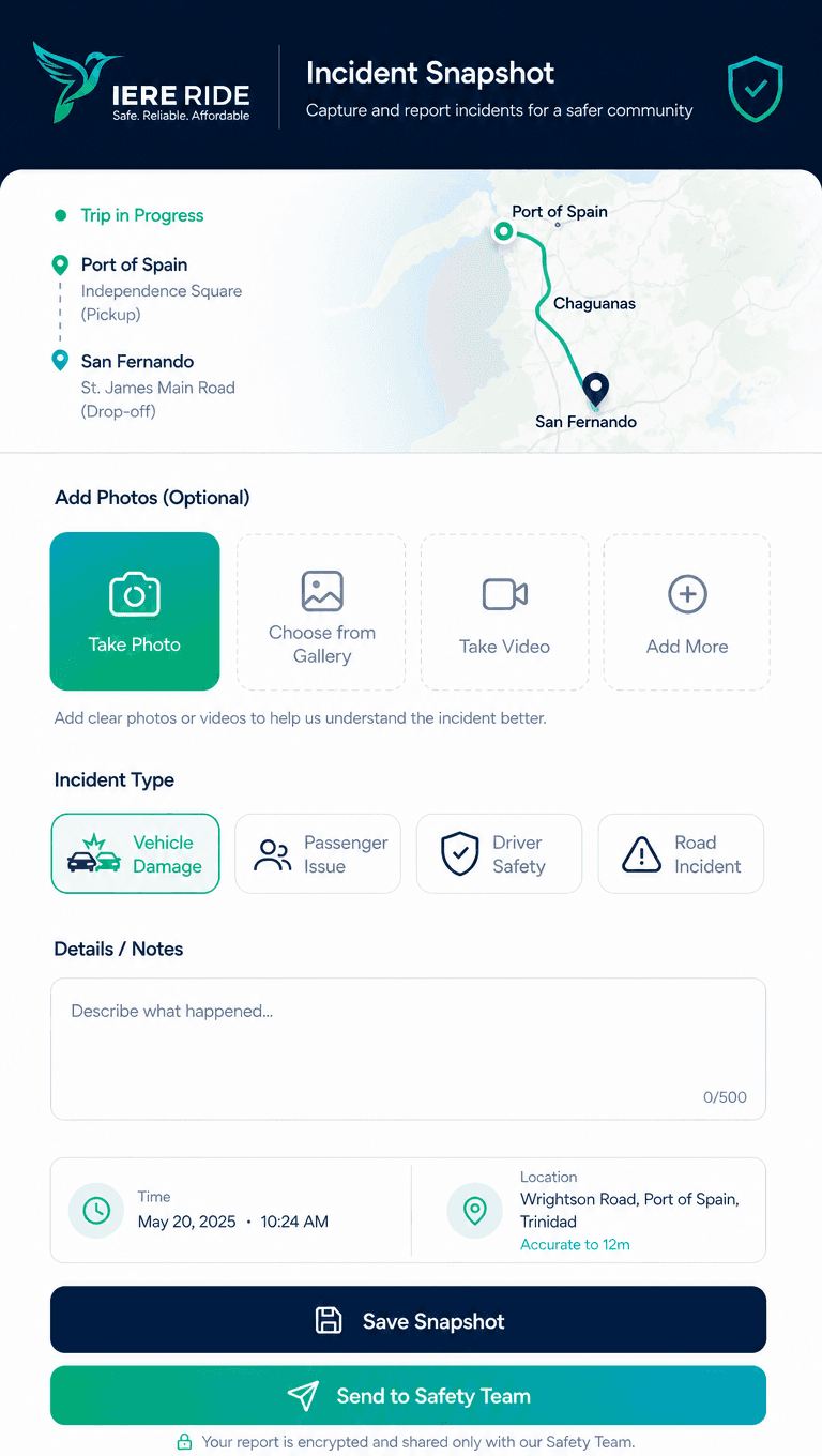 IERE RIDE incident reporting interface with map, photo upload, incident types, and submission buttons.