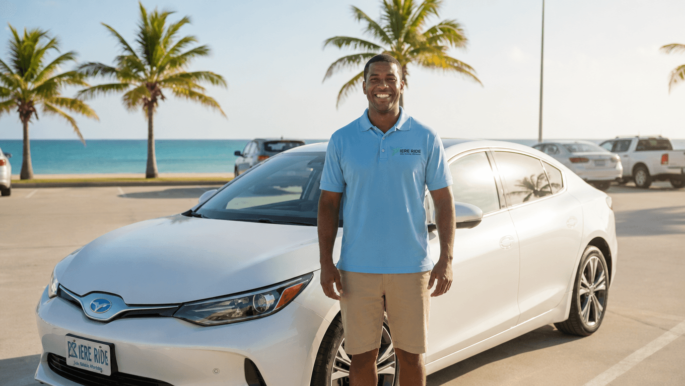 Smiling man in blue polo stands before a white car at a sunny tropical beach.