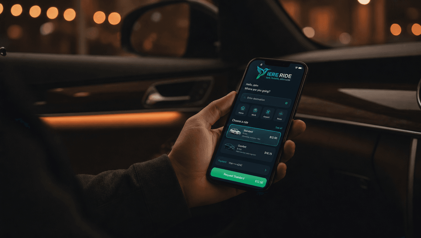 Hand holding a smartphone displaying the IERE RIDE app inside a car at night.