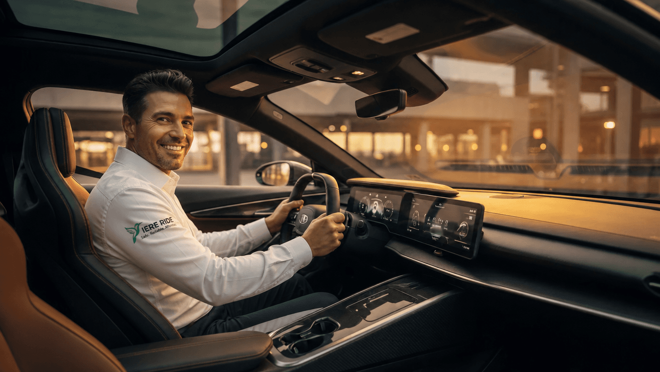 Smiling man in an IERE RIDE shirt drives a modern car with digital displays.