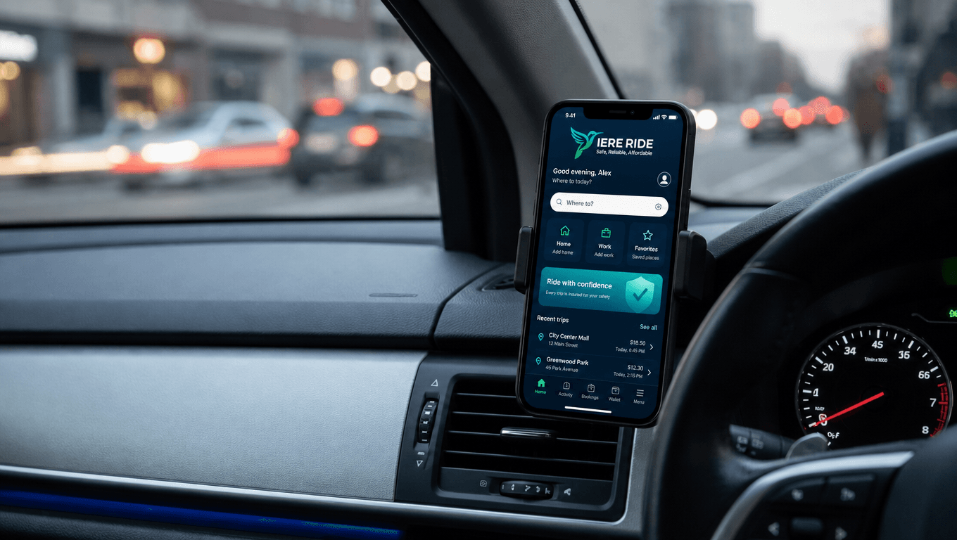 Smartphone mounted on car dashboard showing IERE RIDE app with blurred city traffic background.