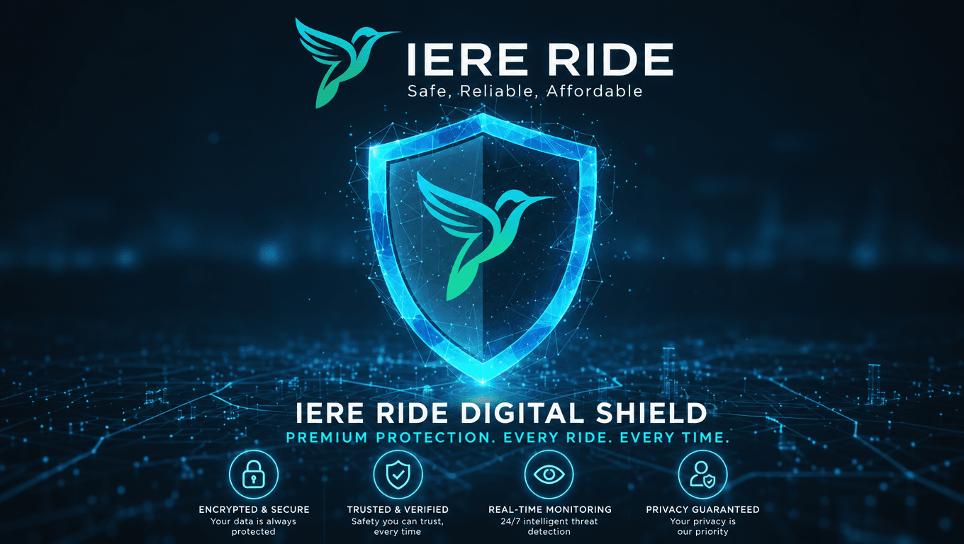 Glowing blue digital shield with hummingbird logo highlighting IERE RIDE safety.