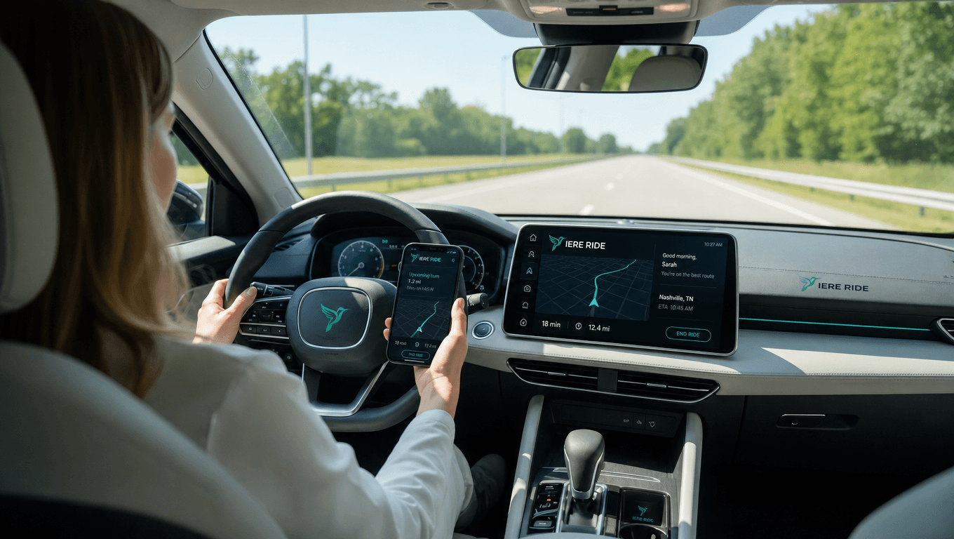 Woman driving on a highway holding a smartphone with navigation on the dashboard.