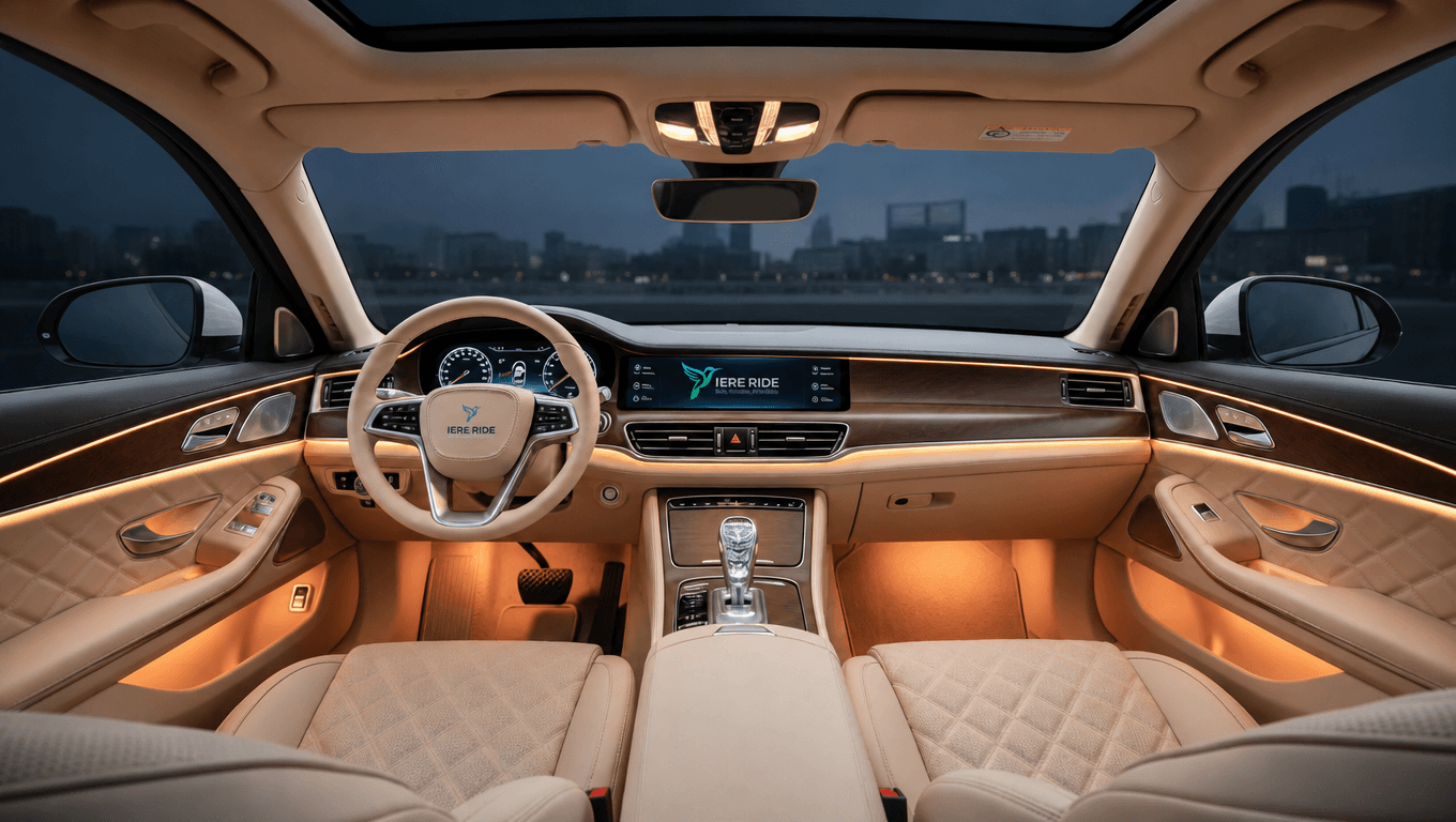 Luxurious beige car interior with warm ambient lighting and a city skyline view at dusk.