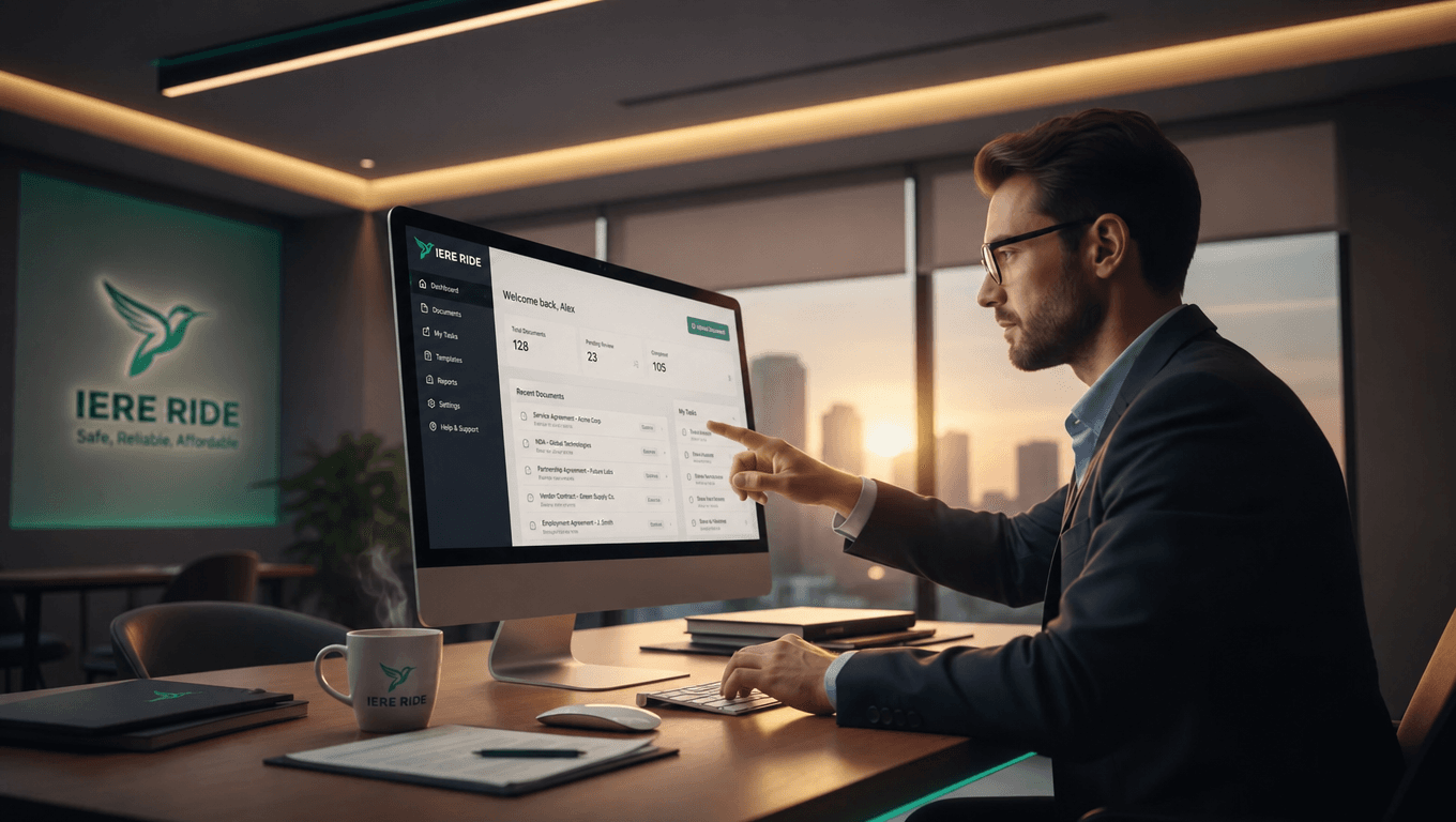 Professional man pointing at a business dashboard on a computer screen.