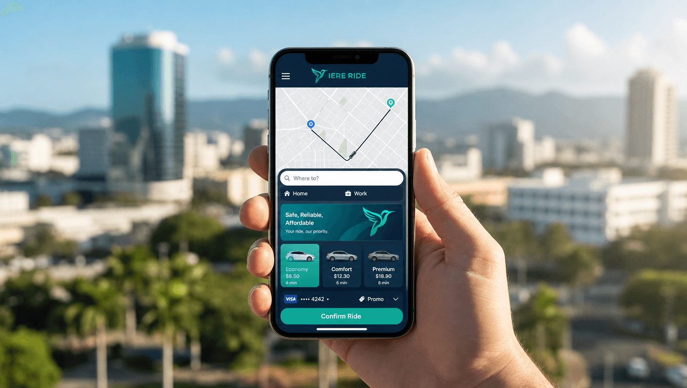 Hand holding a smartphone displaying the IERE RIDE ride-sharing app against a blurred cityscape.